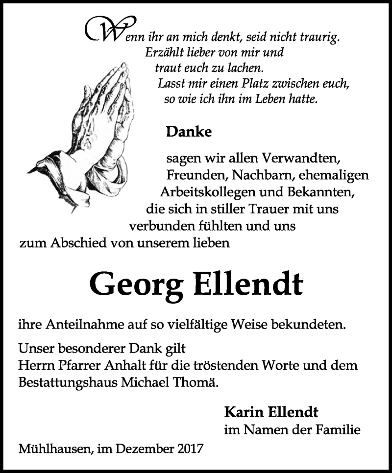  Traueranzeige für Georg Ellendt vom 23.12.2017 aus Thüringer Allgemeine, Thüringische Landeszeitung