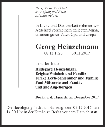 Traueranzeige von Georg Heinzelmann von Thüringer Allgemeine, Thüringische Landeszeitung