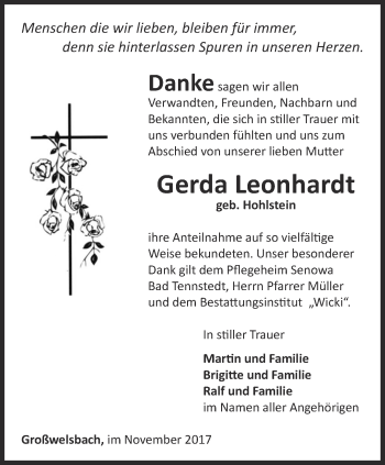 Traueranzeige von Gerda Leonhardt von Thüringer Allgemeine, Thüringische Landeszeitung