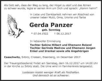 Traueranzeige von Gerda Panzer von Ostthüringer Zeitung