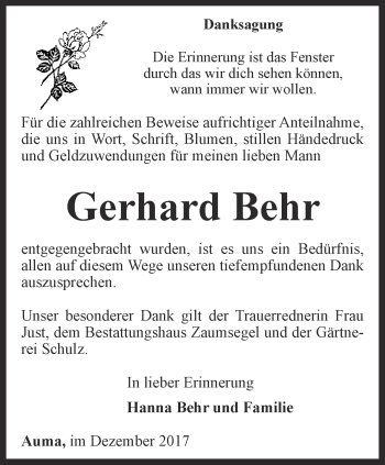 Traueranzeige von Gerhard Behr von Ostthüringer Zeitung