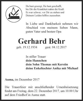 Traueranzeige von Gerhard Behr von Ostthüringer Zeitung