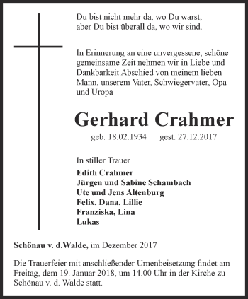 Traueranzeige von Gerhard Crahmer von Ostthüringer Zeitung, Thüringische Landeszeitung