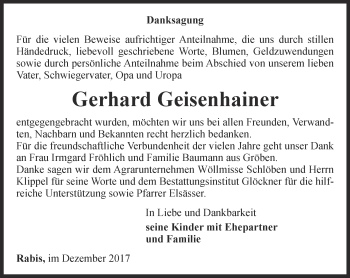 Traueranzeige von Gerhard Geisenhainer von Ostthüringer Zeitung