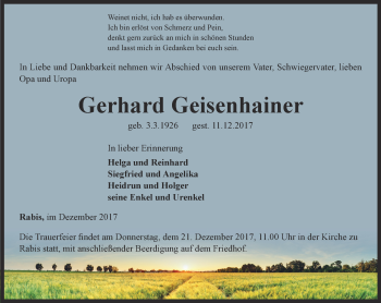 Traueranzeige von Gerhard Geisenhainer von Ostthüringer Zeitung