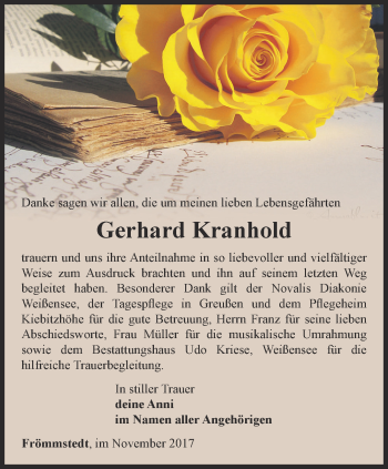 Traueranzeige von Gerhard Kranhold von Thüringer Allgemeine