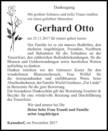 Traueranzeige von Gerhard Otto von Ostthüringer Zeitung