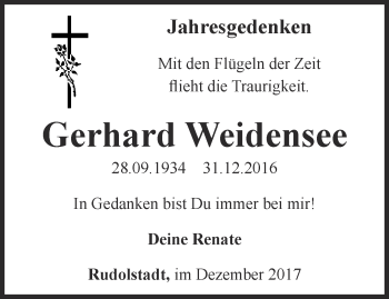 Traueranzeige von Gerhard Weidensee von Ostthüringer Zeitung