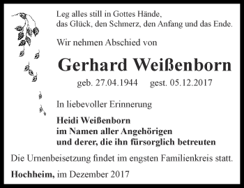 Traueranzeige von Gerhard Weißenborn von Ostthüringer Zeitung, Thüringische Landeszeitung