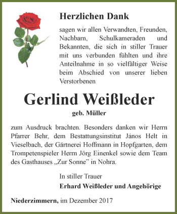 Traueranzeige von Gerlind Weißleder von Thüringer Allgemeine, Thüringische Landeszeitung