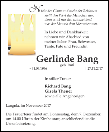 Traueranzeige von Gerlinde Bang von Thüringer Allgemeine, Thüringische Landeszeitung