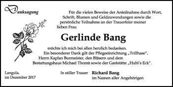 Traueranzeige von Gerlinde Bang von Thüringer Allgemeine, Thüringische Landeszeitung