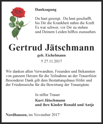 Traueranzeige von Gertrud Jätschmann von Thüringer Allgemeine