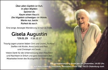 Traueranzeige von Gisela Augustin von Thüringer Allgemeine, Thüringische Landeszeitung