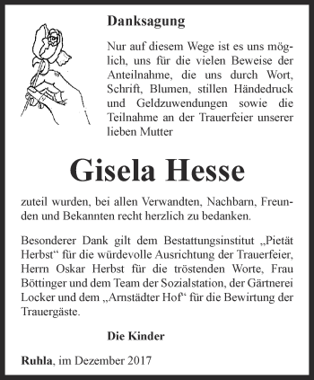 Traueranzeige von Gisela Hesse von Thüringer Allgemeine, Thüringische Landeszeitung