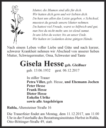 Traueranzeige von Gisela Hesse von Thüringer Allgemeine, Thüringische Landeszeitung