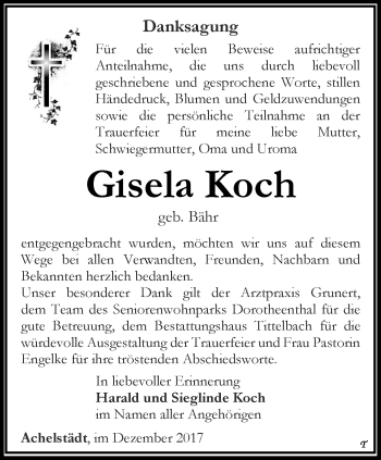 Traueranzeige von Gisela Koch von Thüringer Allgemeine