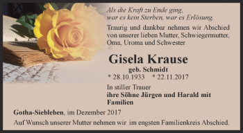 Traueranzeige von Gisela Krause von Ostthüringer Zeitung, Thüringische Landeszeitung