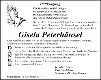 Traueranzeige von Gisela Peterhänsel von Ostthüringer Zeitung