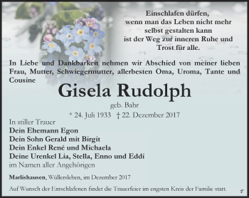 Traueranzeige von Gisela Rudolph von Thüringer Allgemeine