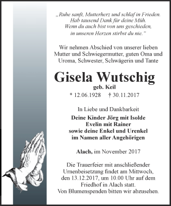 Traueranzeige von Gisela Wutschig von Thüringer Allgemeine, Thüringische Landeszeitung