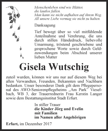 Traueranzeige von Gisela Wutschig von Thüringer Allgemeine, Thüringische Landeszeitung