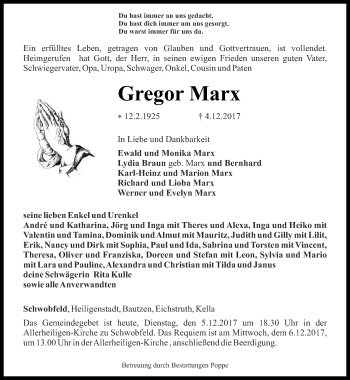 Traueranzeige von Gregor Marx von Thüringer Allgemeine
