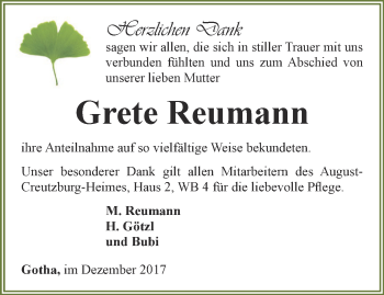 Traueranzeige von Grete Reumann von Ostthüringer Zeitung, Thüringische Landeszeitung