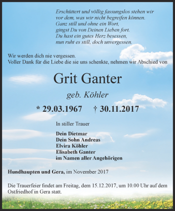 Traueranzeige von Grit Ganter von Ostthüringer Zeitung