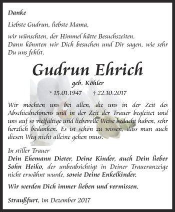 Traueranzeige von Gudrun Ehrich von Thüringer Allgemeine