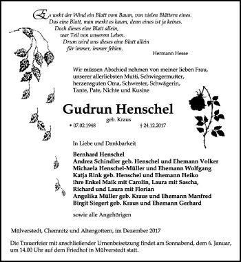 Traueranzeige von Gudrun Henschel von Thüringer Allgemeine, Thüringische Landeszeitung