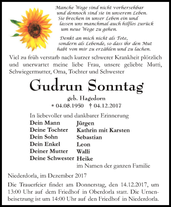 Traueranzeige von Gudrun Sonntag von Thüringer Allgemeine, Thüringische Landeszeitung