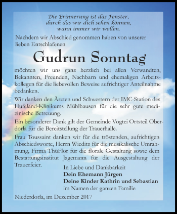 Traueranzeige von Gudrun Sonntag von Thüringer Allgemeine, Thüringische Landeszeitung