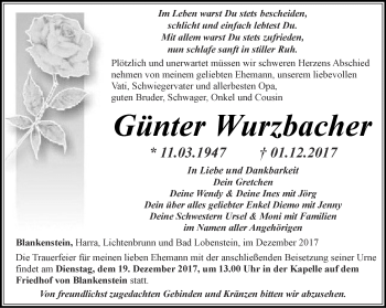 Traueranzeige von Günter Wurzbacher von Ostthüringer Zeitung