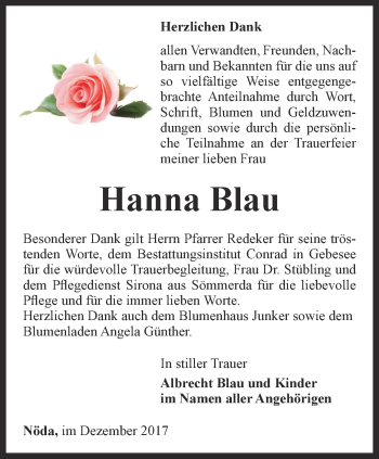 Traueranzeige von Hanna Blau von Thüringer Allgemeine, Thüringische Landeszeitung