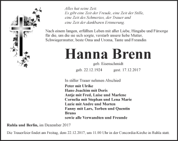 Traueranzeige von Hanna Brenn von Thüringer Allgemeine, Thüringische Landeszeitung