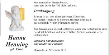 Traueranzeige von Hanna Henning von Thüringer Allgemeine, Thüringische Landeszeitung