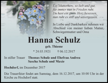 Traueranzeige von Hanna Schulz von Thüringer Allgemeine, Thüringische Landeszeitung