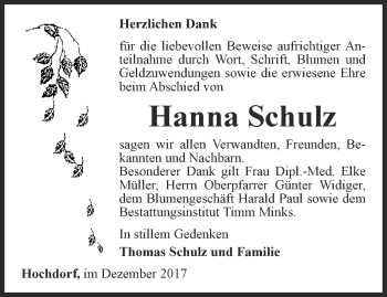 Traueranzeige von Hanna Schulz von Thüringer Allgemeine, Thüringische Landeszeitung