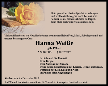 Traueranzeige von Hanna Weiße von Ostthüringer Zeitung