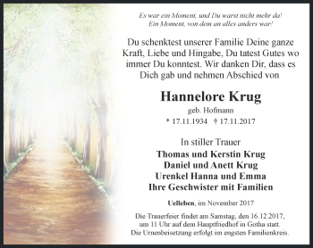 Traueranzeige von Hannelore Krug von Ostthüringer Zeitung, Thüringische Landeszeitung