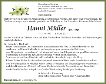 Traueranzeige von Hanni Müller von Ostthüringer Zeitung