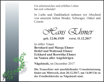 Traueranzeige von Hans Ehmer von Thüringer Allgemeine, Thüringische Landeszeitung