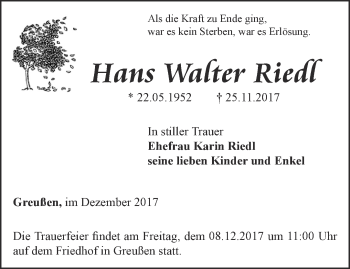 Traueranzeige von Hans Warter Riedl von Thüringer Allgemeine