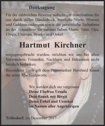 Traueranzeige von Hartmut Kirchner von Thüringer Allgemeine, Thüringische Landeszeitung