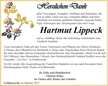 Traueranzeige von Hartmut Lippeck von Ostthüringer Zeitung