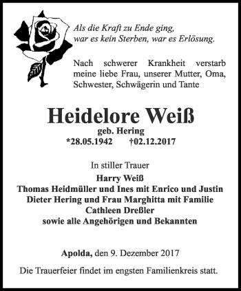 Traueranzeige von Heidelore Weiß von Thüringer Allgemeine, Thüringische Landeszeitung