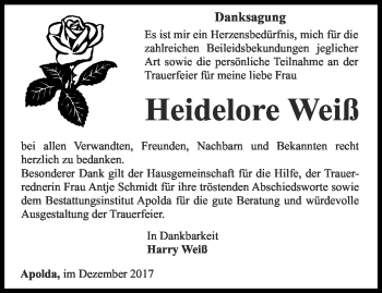 Traueranzeige von Heidelore Weiß von Thüringer Allgemeine, Thüringische Landeszeitung