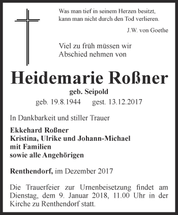 Traueranzeige von Heidemarie Roßner von Ostthüringer Zeitung