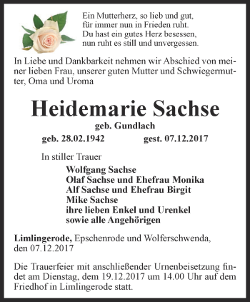 Traueranzeige von Heidemarie Sachse von Thüringer Allgemeine